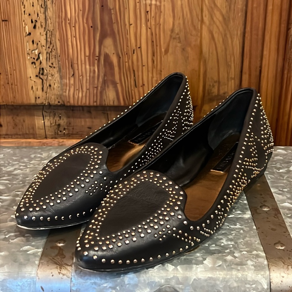 BCBGMaxazria Black Gold Studded Point Toe Leather Flats